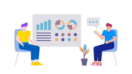 Two men in chairs, analyzing chart on whiteboard. Suitable for business presentations, data analysis concepts, teamwork, and corporate discussions.