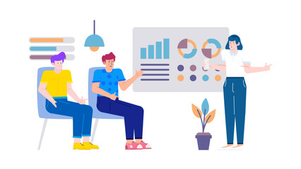 Three people discussing charts and graphs, suitable for business presentations or financial reports. Collaboration, analysis, teamwork, data visualization concepts.
