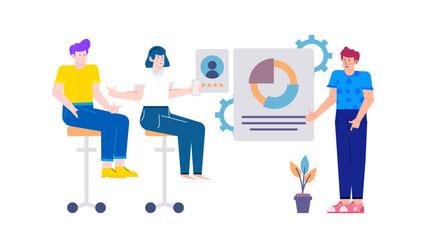 Three people analyzing data on a whiteboard, suitable for business presentations, team meetings, educational materials, financial reports, and office concepts.