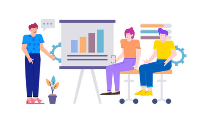 Three people presenting a chart on whiteboard, great for business presentations, teamwork concepts, corporate meetings, educational materials, and infographics.