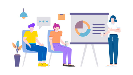 Three people discussing a pie chart on a whiteboard. Suitable for business presentations, financial reports, teamwork concepts, and educational materials.