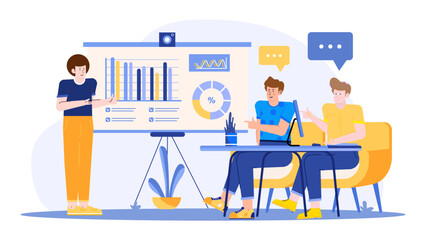 Presentation with three men in a meeting. Suitable for business, communication, teamwork concept designs, websites, presentations, and business blogs.