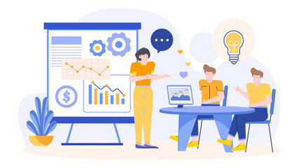 Businesswoman showing charts to male colleagues, discussing financial data, team collaboration, strategic planning, corporate meeting, presenting ideas.