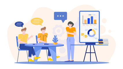 Woman presenting charts to two men, discussing business strategy or financial data in a meeting. Suitable for presentations or articles on teamwork.