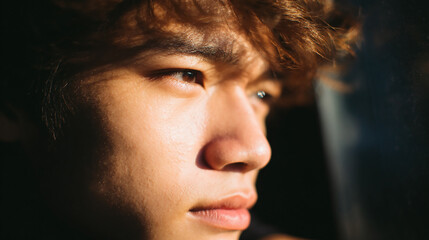 Close up detailed portrait of young man with soft natural light highlighting textured skin and thoughtful expression for emotional and introspective mood