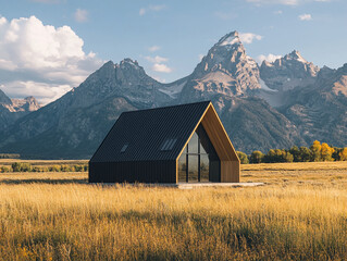 Modern A-frame house with black metal roof and siding, set in a golden field with mountains in the background under a dramatic sky.