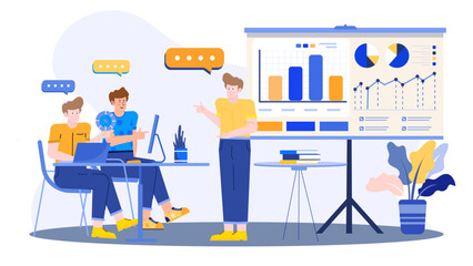 Three men analyzing presentation data. Suitable for business concepts, teamwork, office discussions, financial reports, and strategic planning materials.