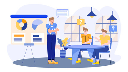 Man presenting a chart to two men discussing business strategy. Suitable for presentations, business blogs, and finance related designs.