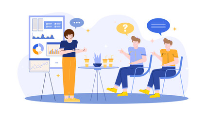 Three people engaged in a discussion about a presentation, suitable for business concepts, teamwork, communication, and collaboration visuals.