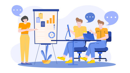 Woman presenting to two men, business meeting, corporate discussion, teamwork, collaboration, office presentation, leadership, employee training, professional development.