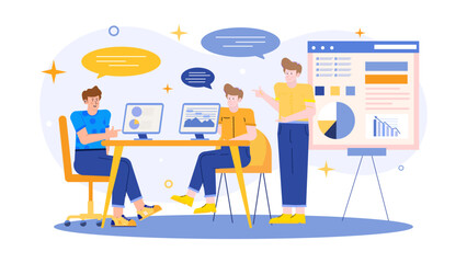 Three people collaborating on data analysis on computer screens and whiteboard. Suitable for business presentations or team meetings visuals.