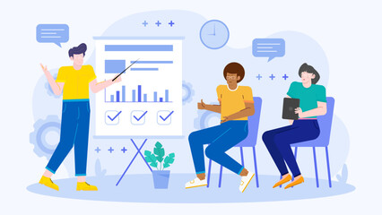 Three people in meeting, listening to presentation. Suitable for business presentations, team collaboration concepts, and corporate environments.