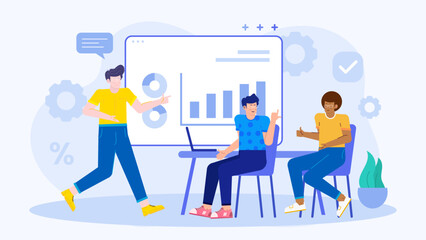Three people discussing business charts in an office setting. Suitable for illustrating teamwork, collaboration, strategy, and brainstorming concepts.