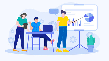 Three people analyzing a pie chart in a business meeting. Suitable for financial presentations, data analysis concepts, teamwork illustrations.