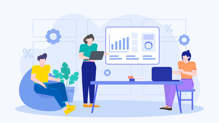 Three people discussing business in an office. Suitable for presentations, blog posts, and social media content related to teamwork and collaboration.