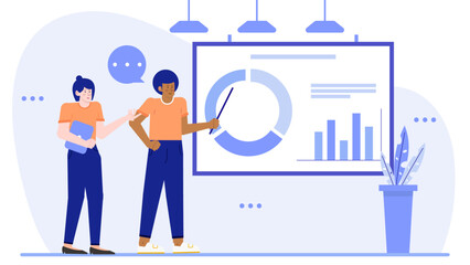 Two people presenting a chart on a whiteboard. Suitable for business presentations, brainstorming sessions, teamwork concepts, and educational materials.