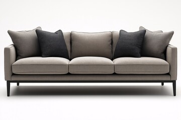 Fototapeta premium Modern Gray Sofa with Decorative Cushions. Stylish and Comfortable Living Room Furniture for a Cozy Home and Neutral Interior Design