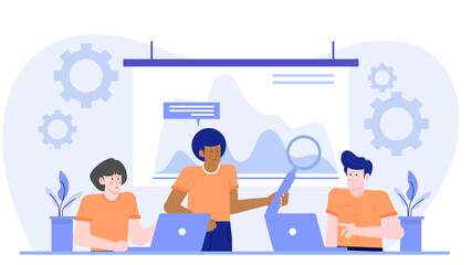 Three people reviewing a whiteboard graph; suitable for business presentations, teamwork concepts, data analysis, strategy discussion illustrations.