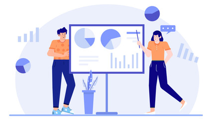 Business presentation featuring two professionals discussing strategy. Suitable for business, corporate, teamwork, collaboration concepts in presentations, websites, and marketing.