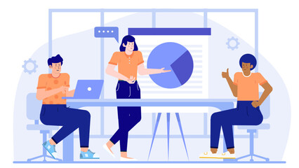 Office team analyzing pie chart, perfect for business presentations, financial reports, teamwork concepts, collaboration meetings, and project discussions scenes.