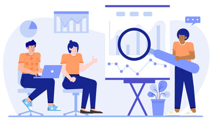 Three people analyzing bar graphs and pie charts in a business meeting. Perfect for corporate presentations and finance related content.