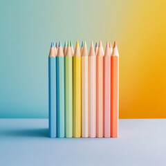 Close-up of pastel-colored pencils in vertical stack on muted blue surface