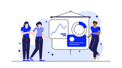 Three people, whiteboard with charts, presentation, business meeting, teamwork, collaboration, office environment, strategy planning, corporate discussion, brainstorming session.