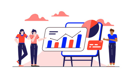 Three people analyzing a chart on a board for business strategy planning, data analysis, or financial presentation concepts. Ideal for presentations and reports.
