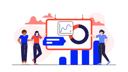 Three people stand by a chart with a line graph and pie chart, suitable for business presentations or financial reports.
