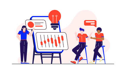 Three people brainstorming in a meeting. Suitable for business presentations, teamwork concepts, brainstorming sessions, collaboration, and group discussions illustrations.