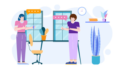 Two people are standing in an office by a desk. Suitable for office scenes, business meetings, teamwork concepts, corporate environments.