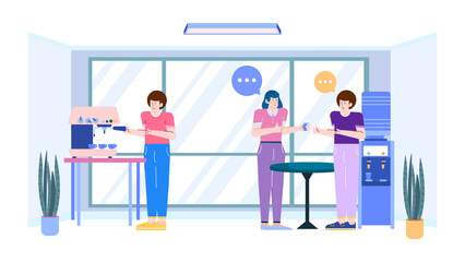 Three people in an office break room chatting and laughing. Suitable for business, workplace, office culture, teamwork, and break time concepts.