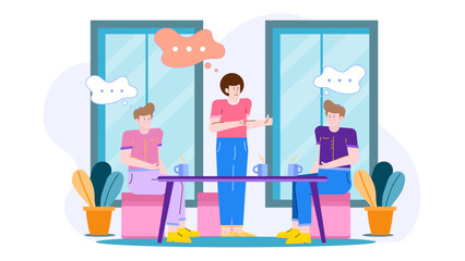 Three men chatting over coffee in a casual setting, perfect for illustrating friendly conversations, coffee shop scenes, or social interactions.