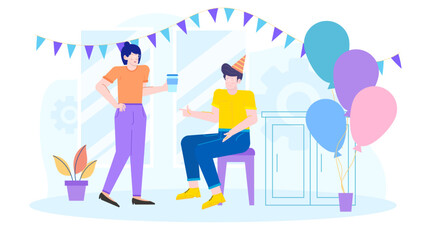 Two people celebrate a birthday with decorations and balloons. Perfect for party invitations, festive greetings, event promotion, celebration concepts.