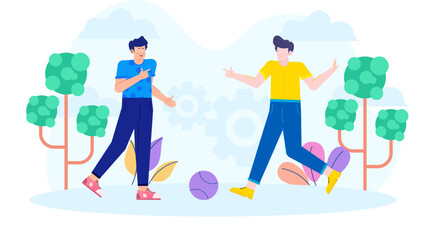 Two men playing ball near trees, perfect for summer activities, recreation, sports, friendship, outdoor fun, park scenes, leisure concepts.