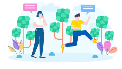 Two people conversing in a peaceful park setting, ideal for illustrating communication, friendship, socializing, or outdoor activities in general.