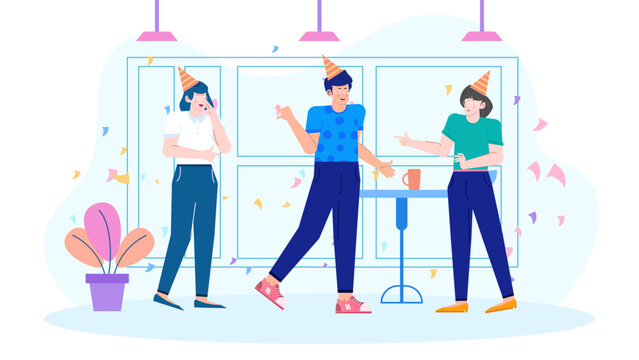 Three people celebrating office party, expressing joy and camaraderie. Suitable for social media posts, corporate event promotion, and team building materials.