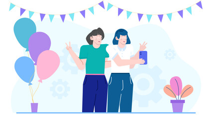 Two women capturing a moment with a smartphone. Perfect for social media, technology, friendship, and lifestyle concepts. Perfect for marketing campaigns.