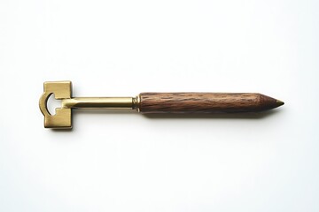 A close up shot of a bottle opener with a wooden handle and brass opener on a white background surface