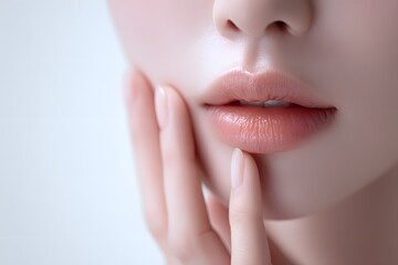 A close-up image of a woman's lips with fingers gently touching them, showcasing natural beauty and soft skin texture.