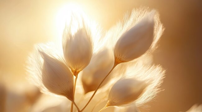 Soft, fluffy seed heads bathed in golden sunlight