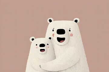 A heartwarming illustration of a mother polar bear embracing her cub with a joyful expression on a soft pink background