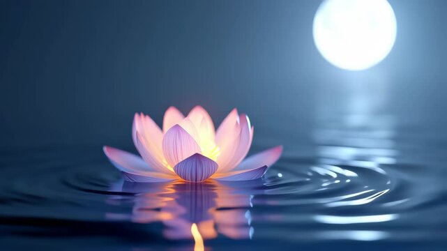 A water lily flower floating in water. with full moon at night