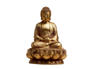 Golden buddha statue meditating on a lotus flower against a dark background studio shot