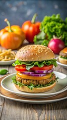 Crispy vegan burger on a plate with fresh vegetables and whole grain bun