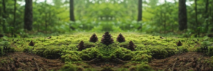 Mossy forest floor with symmetrical pine cones, nestled amongst lush green moss and blurred forest background