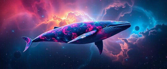 Obraz premium Vibrant cosmic whale swims through nebulae and stars, whale illustration, design
