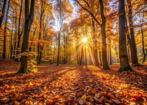 Dense foliage of deciduous trees with fallen leaves under warm sunlight filtering through the forest canopy