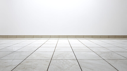 A minimalist interior featuring white tiled floor and a plain white wall creating a clean backdrop