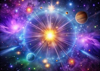 Obraz premium Cosmic explosion of purple starburst within a frame of colorful stars and planets background